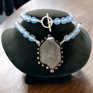 Herkimer diamond crystal quartz & iridescent blue opalite beads boho necklace